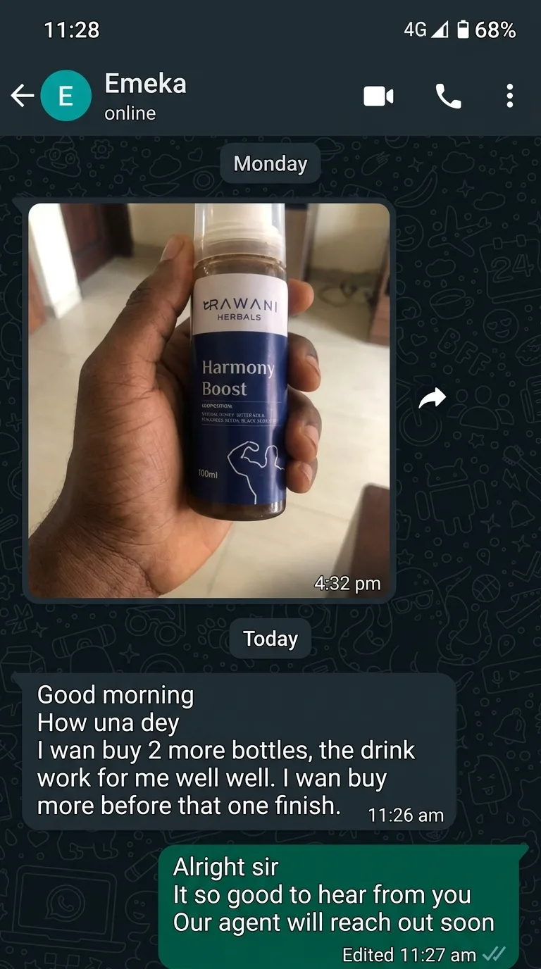 WhatsApp message from a Harmony Boost customer