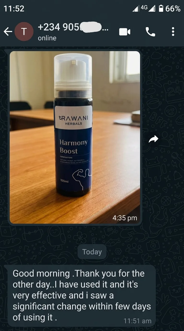 WhatsApp message from a Harmony Boost customer