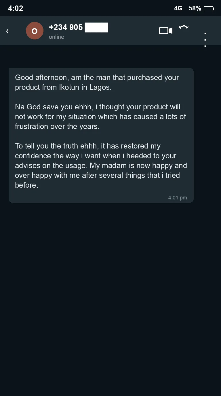 WhatsApp message from a Harmony Boost customer