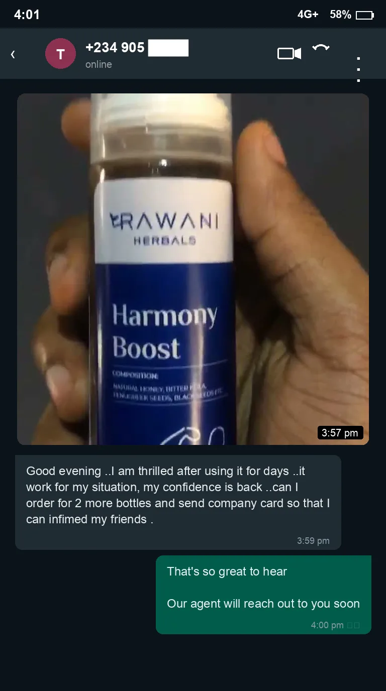 WhatsApp message from a Harmony Boost customer