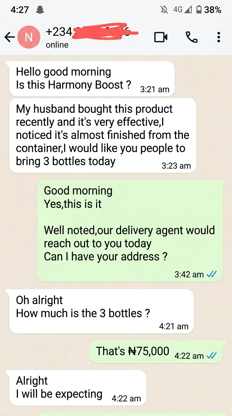 WhatsApp message from a Harmony Boost customer