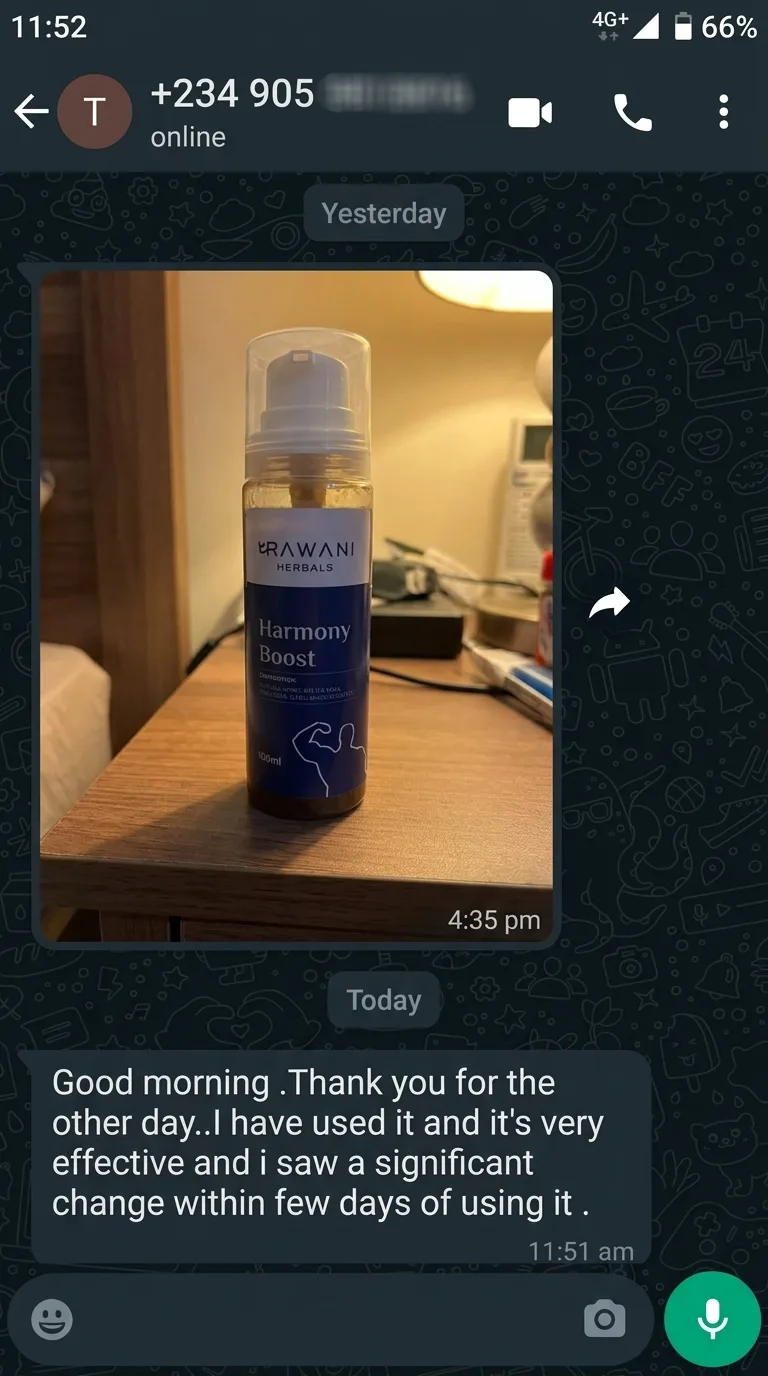 WhatsApp message from a Harmony Boost customer