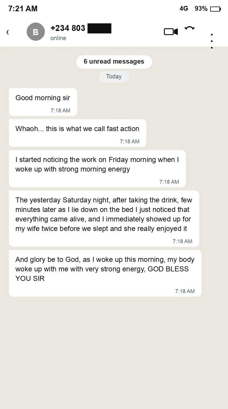 WhatsApp message from a Harmony Boost customer